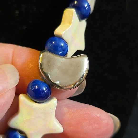 Vintage 1970's-80's Signed Flying Colors Brand Ceramic Bead Moon Stars Necklace - Picture 3 of 7